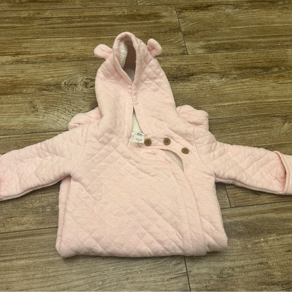 Baby snowsuit- lined with hood, built in hand warmers and feet coverings